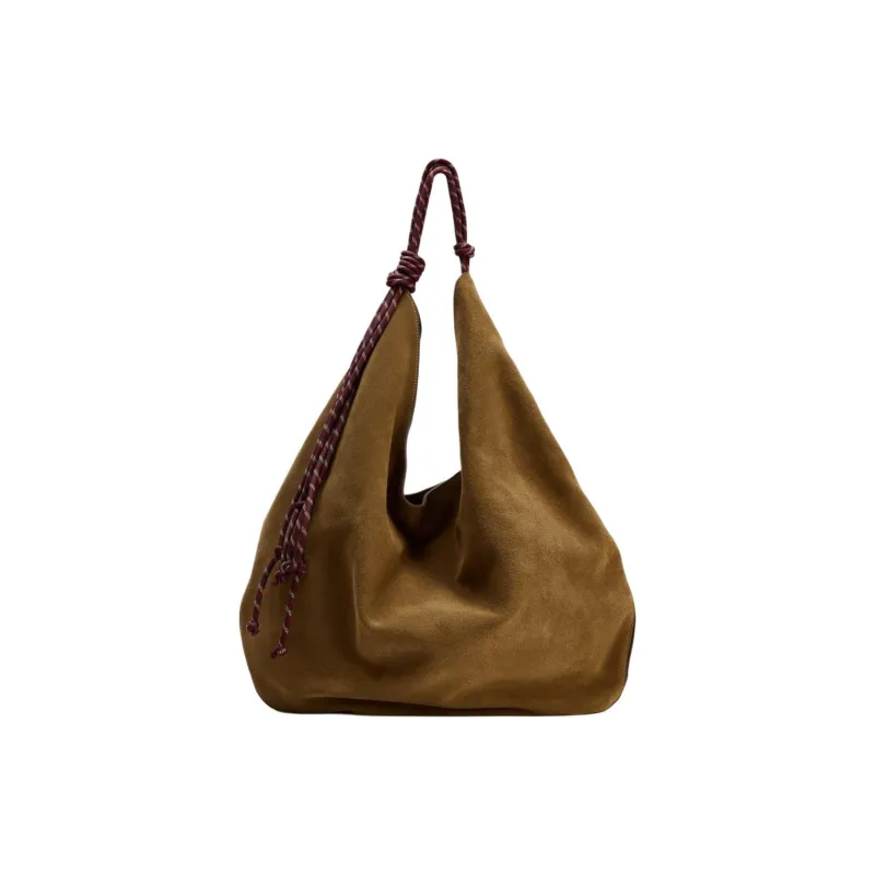 ZARA Cow Leather Handbag Shoulder Bag Large Size Women's Dark Brown Yellow-0