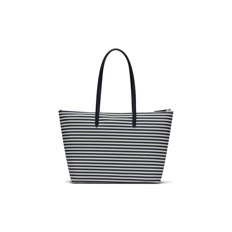 LACOSTE PVC Tote Bag Shopping Bag Shoulder Bag Handbag Medium Size Women's Dark Blue White Stripes-2