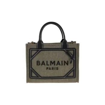 BALMAIN Canvas With Leather Tote Bag, Shopping Bag, Handbag Trumpets Women's Khaki