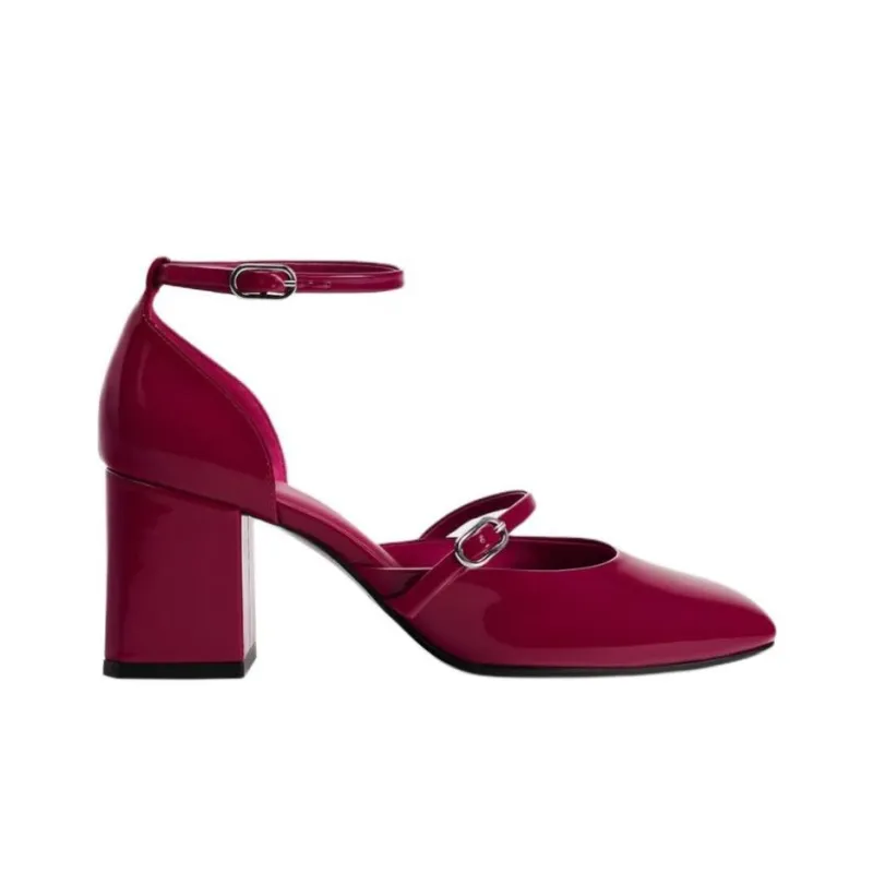 ZARA Chunky Heel Mary Jane Shoes 7cm Women's Red-1