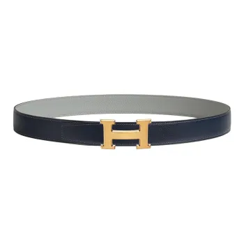 HERMES Metal Leather Belts Men's Marine Blue Width 3.2cm
