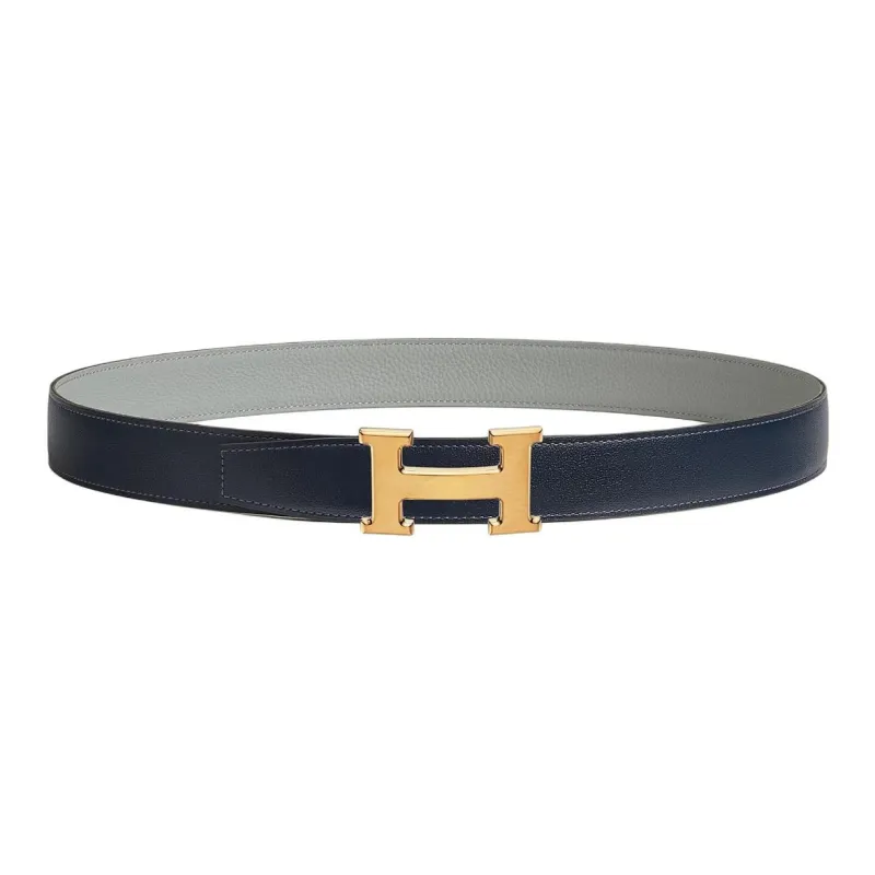 HERMES Metal Leather Belts Men's Marine Blue Width 3.2cm-0
