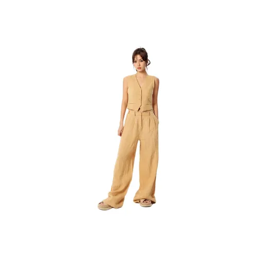 DRAGON FACE Casual Suits Women's Set Linen Coffee