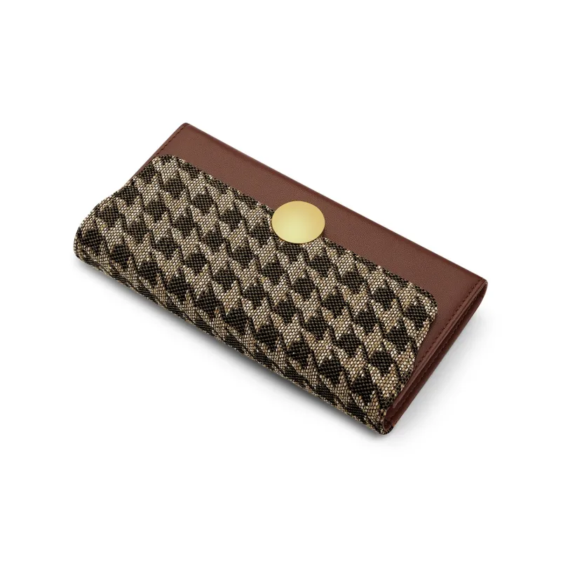 WilliamPOLO Cow Leather Patchwork With Fabric Long Cropped Wallet Multifunction Coin Purse Regular Women's Coffee-8