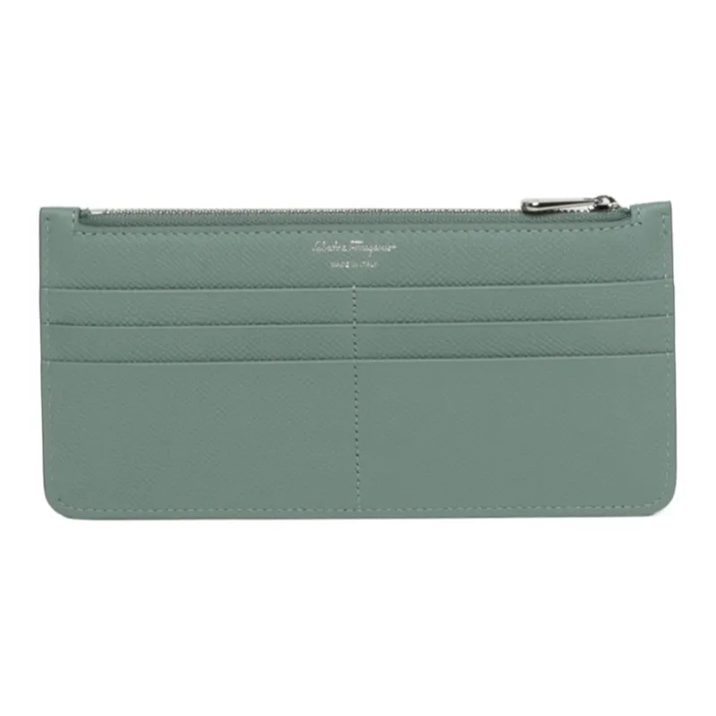 FERRAGAMO GANCINI Hammered Calfskin Card Holder, Wallet Women's Sage Green-1