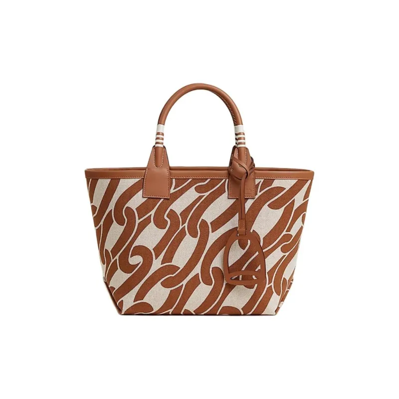 HERMES Plume Canvas With Swift Calfskin Tote Bag Shopping Bag Handbag Women's Light Brown/Multicolor/Beige/Gold-0