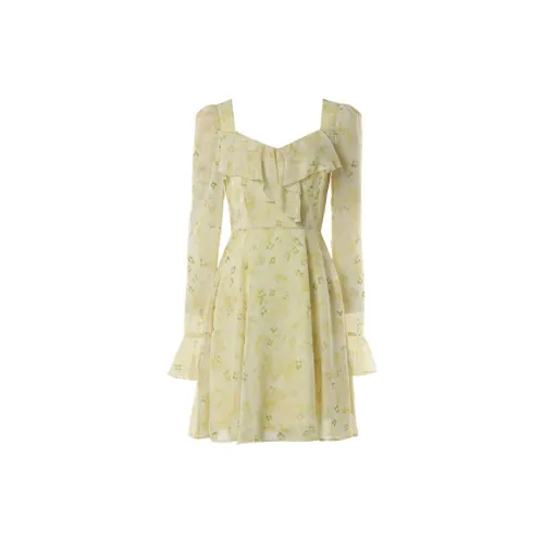 DPLAY Long-Sleeved Dresses Women's Yellow Undertone Smudge Floral