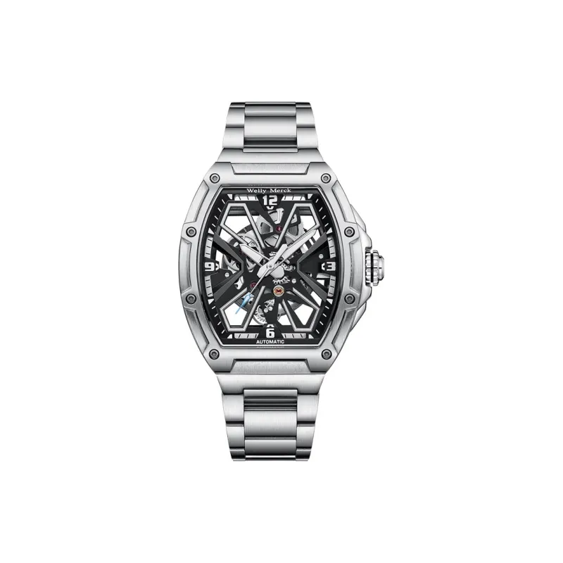 Welly Merck Automatic Mechanical Movement Steel Strap Watch Men's Watches Cut Out Dial-3