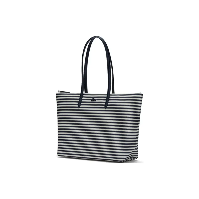 LACOSTE PVC Tote Bag Shopping Bag Shoulder Bag Handbag Medium Size Women's Dark Blue White Stripes-1