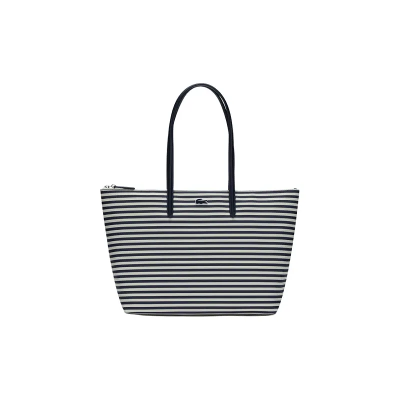 LACOSTE PVC Tote Bag Shopping Bag Shoulder Bag Handbag Medium Size Women's Dark Blue White Stripes-0