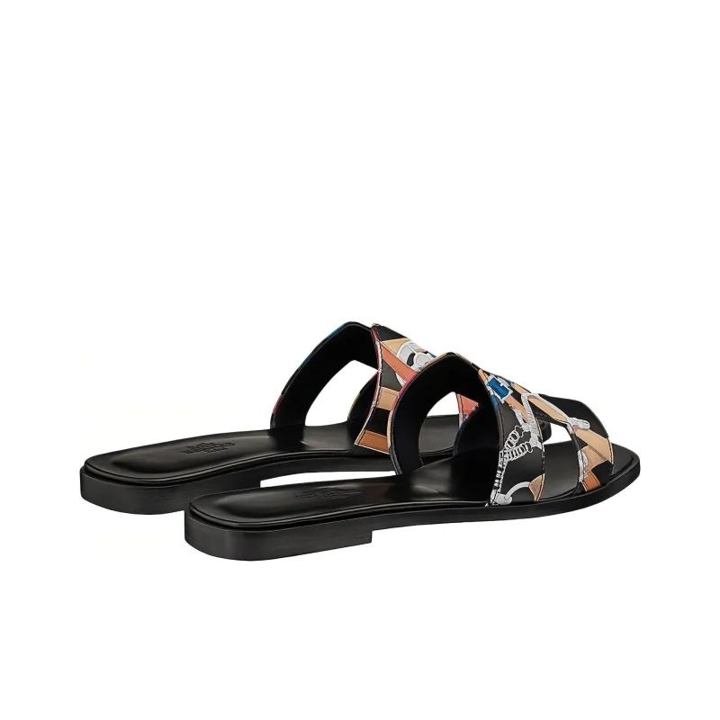HERMES Oran Slide Slippers Women's Black White Blue-3