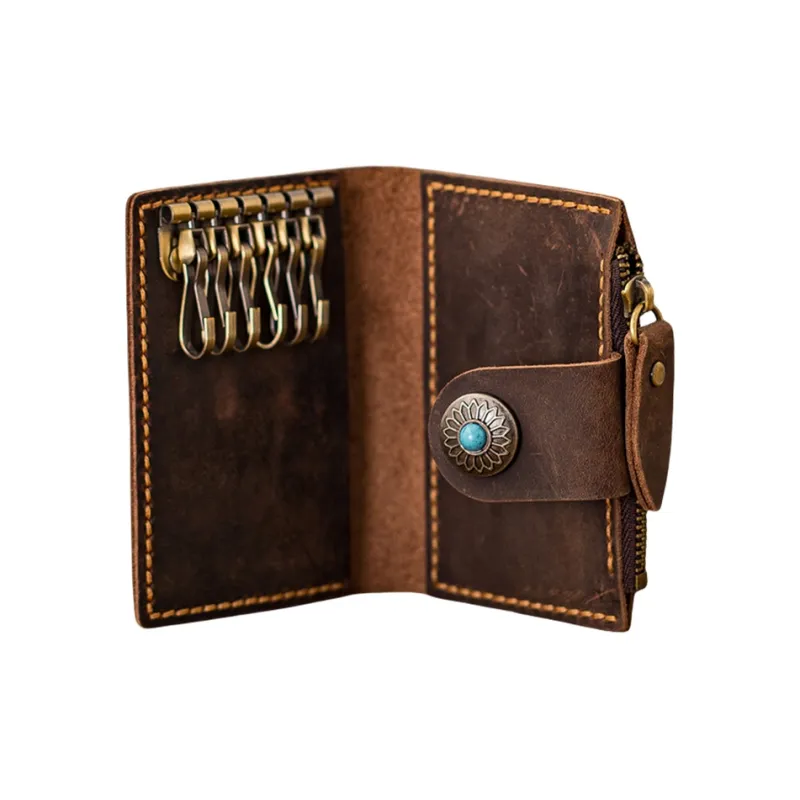 Back Step Top Grain Cow Leather Key And Coin Card Pouch Unisex Multicolor-12
