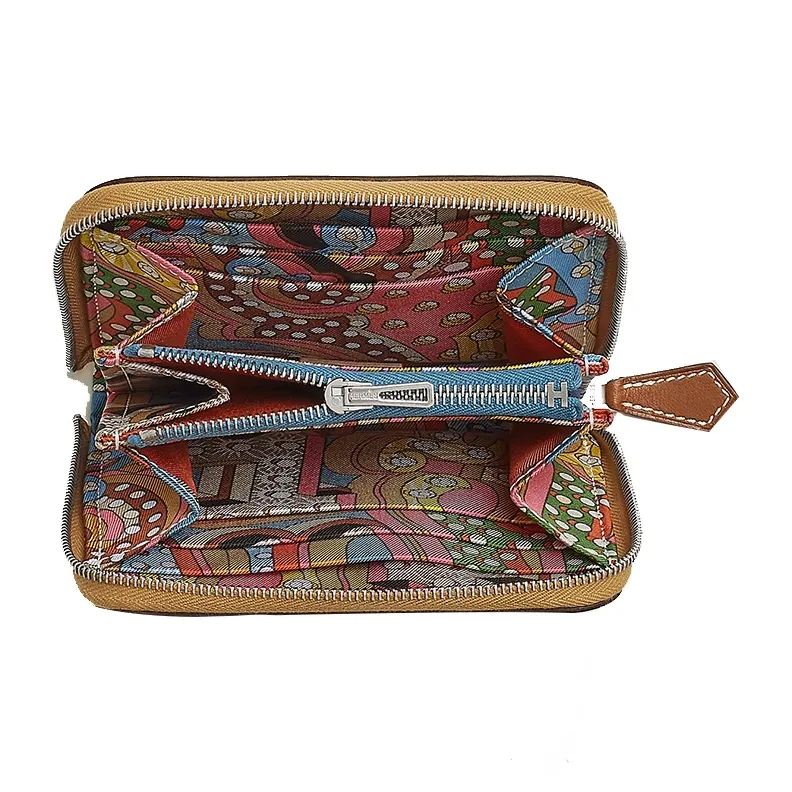 HERMES Silk'In Evercolor Calfskin Wallet Women's Caramel & New Blue Jeans & Sunshine Yellow-1