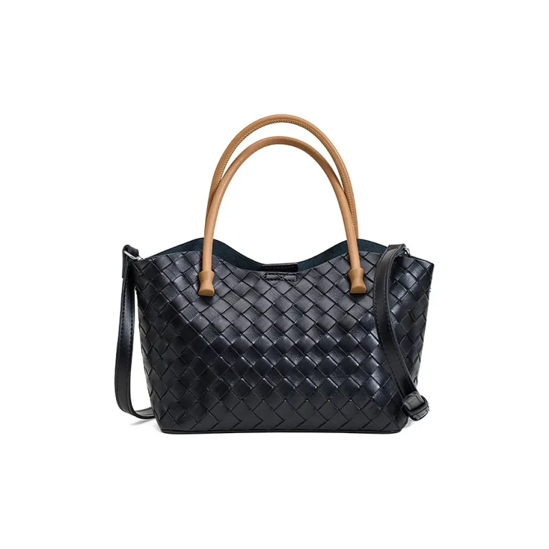 Yalu Cow Leather Handbag Shoulder Bag Crossbody Bag Woven Bag Women's Apricot/Black-1