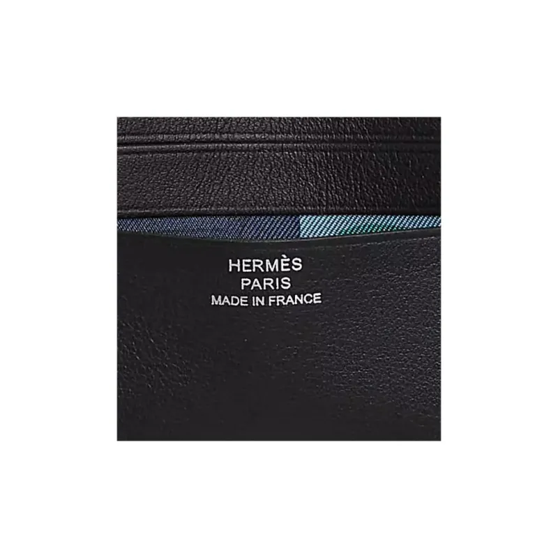 HERMES Citizen Twill Swift Leather Card Holder Men's Black With Sapphire Blue Accents-2