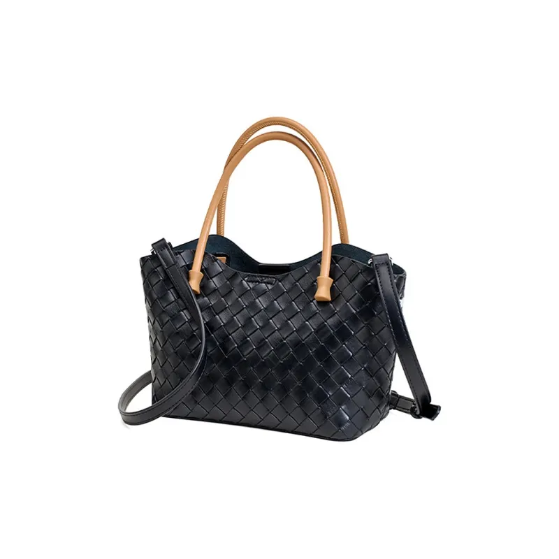 Yalu Cow Leather Handbag Shoulder Bag Crossbody Bag Woven Bag Women's Apricot/Black-2