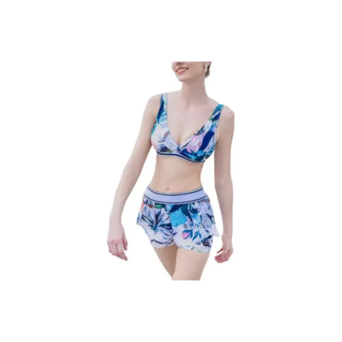 ZOKE Two-Piece Swimsuits Women's White Base With Leaf Pattern Three-Piece Set