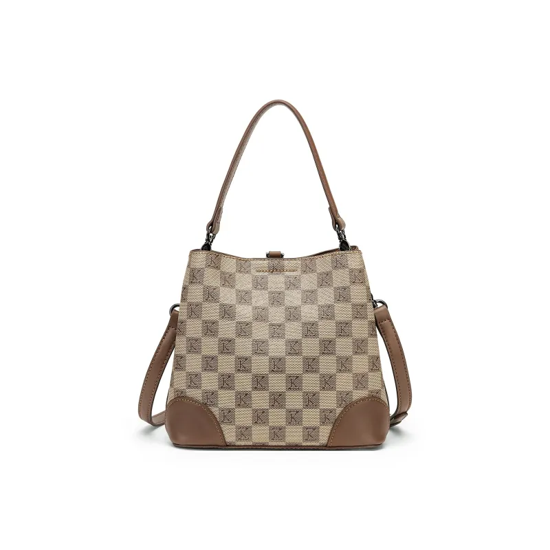 FAIRWHALE PVC And Synthetic Leather One Shoulder Crossbody Bucket Bag Brown-2