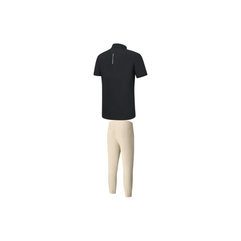 FILA Casual Sportswear Men Clothing Set Pitch Black Top+Wheat Brown Pants-1
