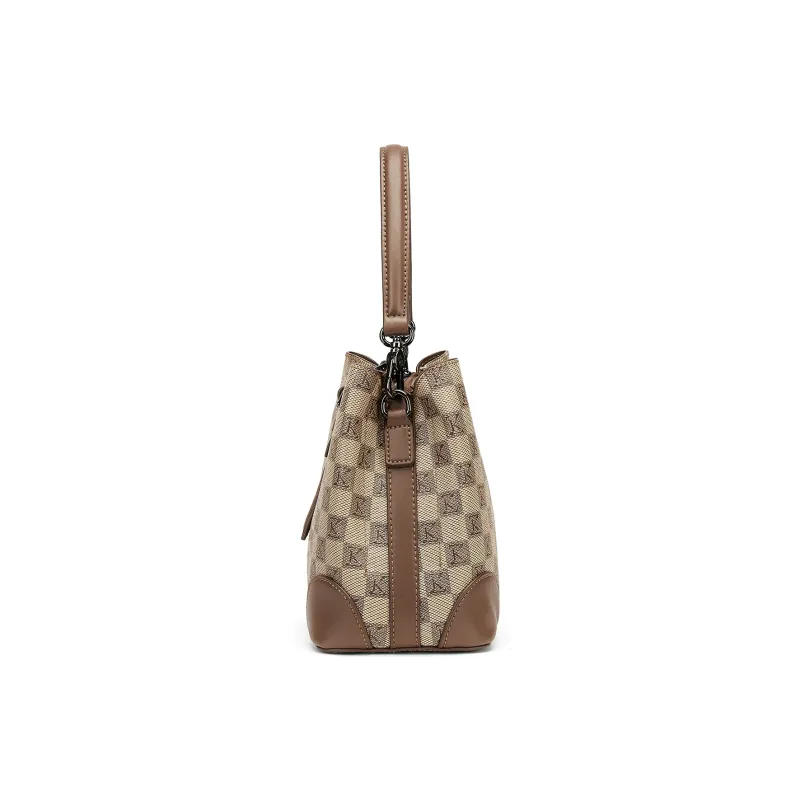 FAIRWHALE PVC And Synthetic Leather One Shoulder Crossbody Bucket Bag Brown-3