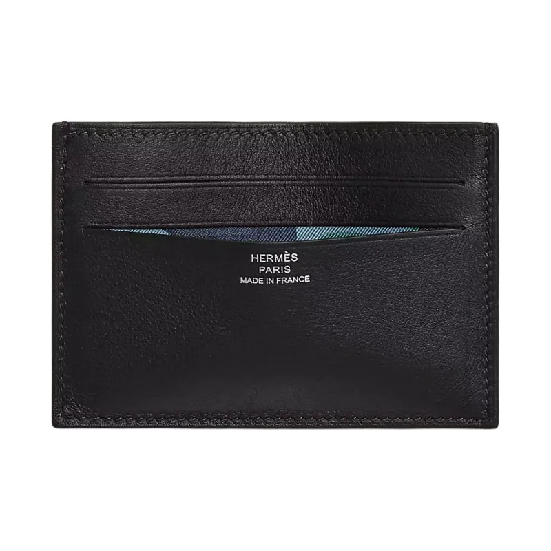 HERMES Citizen Twill Swift Leather Card Holder Men's Black With Sapphire Blue Accents-0
