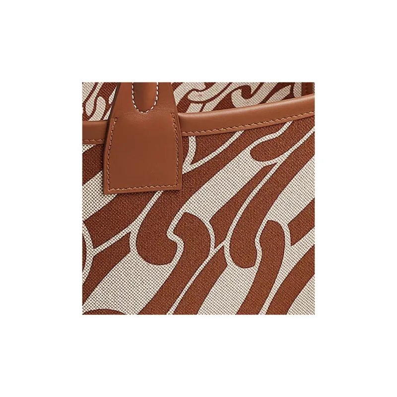 HERMES Plume Canvas With Swift Calfskin Tote Bag Shopping Bag Handbag Women's Light Brown/Multicolor/Beige/Gold-4