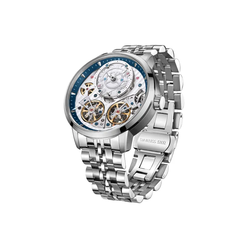 JINLERY Double Fly Reel Collection Automatic Mechanical Movement Watch Men's Watches Silver Dial-0