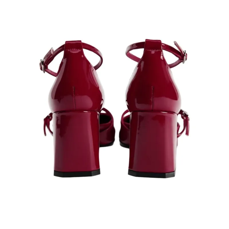 ZARA Chunky Heel Mary Jane Shoes 7cm Women's Red-5