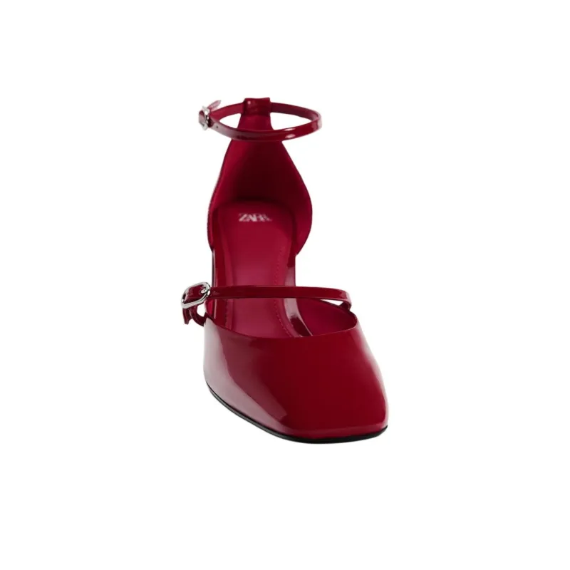 ZARA Chunky Heel Mary Jane Shoes 7cm Women's Red-3