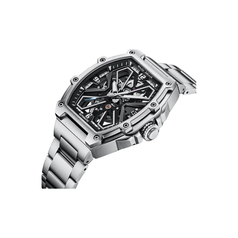Welly Merck Automatic Mechanical Movement Steel Strap Watch Men's Watches Cut Out Dial-4