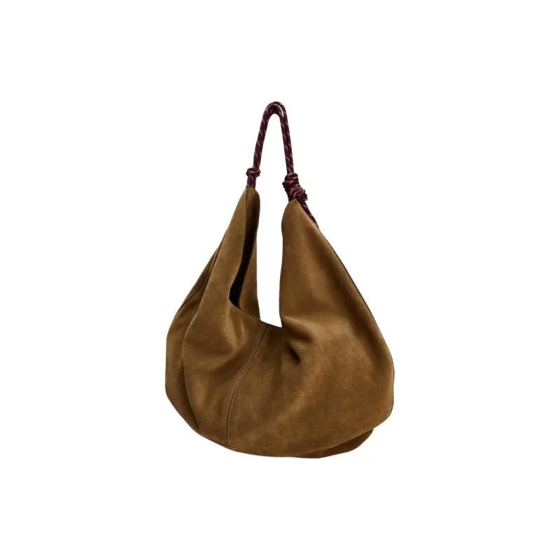ZARA Cow Leather Handbag Shoulder Bag Large Size Women's Dark Brown Yellow-3
