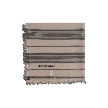 Ferragamo Logo Embroidered Striped Fringed Scarf