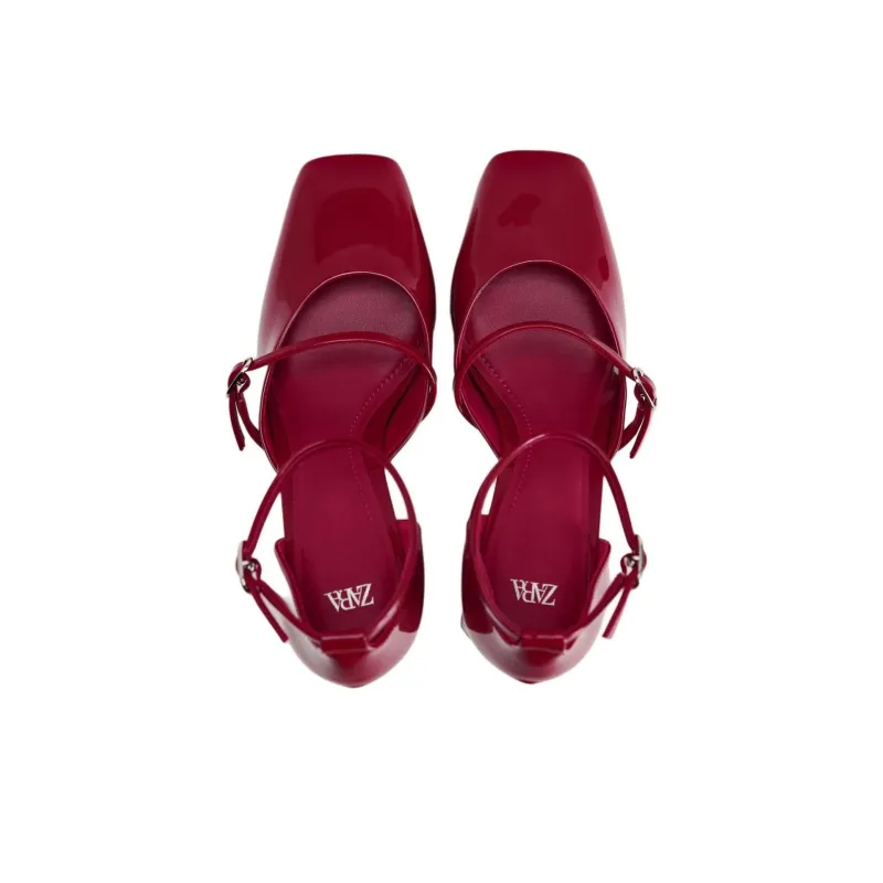 ZARA Chunky Heel Mary Jane Shoes 7cm Women's Red-4