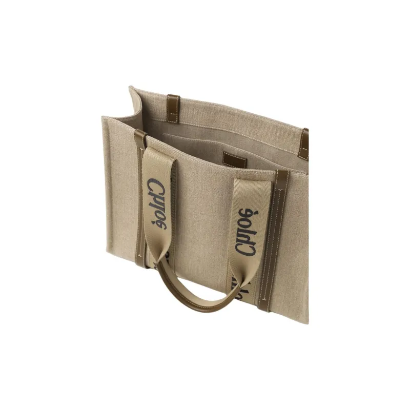 Chloe Woody Linen Tote Bag Shopping Bag Shoulder Bag Handbag Women's Khaki-3
