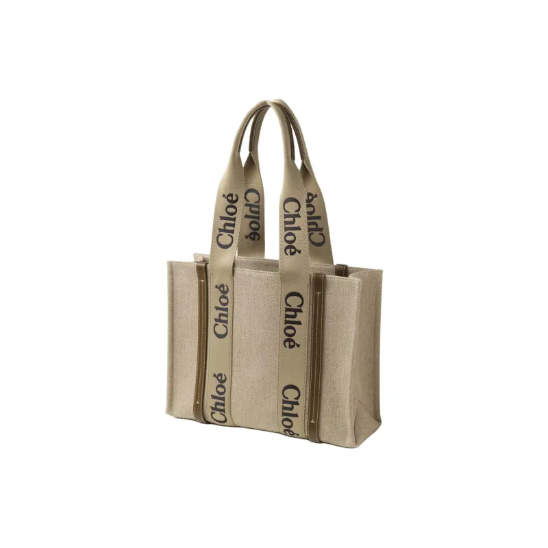 Chloe Woody Linen Tote Bag Shopping Bag Shoulder Bag Handbag Women's Khaki-1