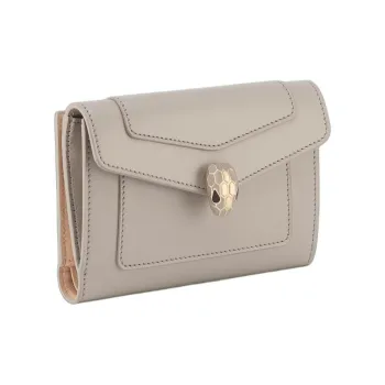 BVLGARI Calfskin Wallet Small Size Women's Gray
