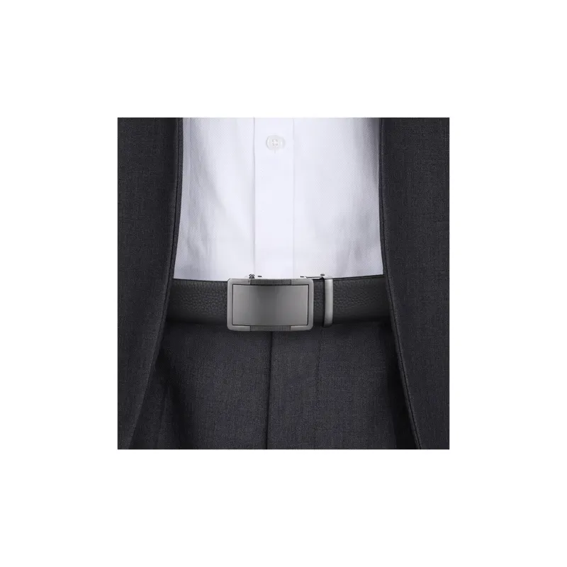 Old Man's Head Fashion Versatile Slub Textured Top Grain Cow Leather Automatic Buckle Belt Men's Black Width  3.5cm-2