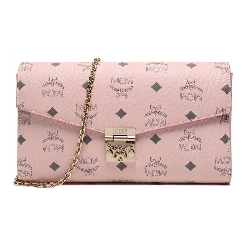 MCM Millie Visetos Leather Envelope Bag, Chain Bag, Crossbody Bag, Shoulder Bag Medium Size Women's Cherry Blossom Pink-0