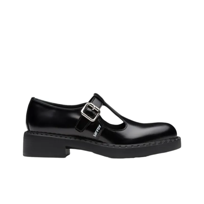 PRADA Brushed leather Mary Jane T strap Shoes 'Black' Women's-1