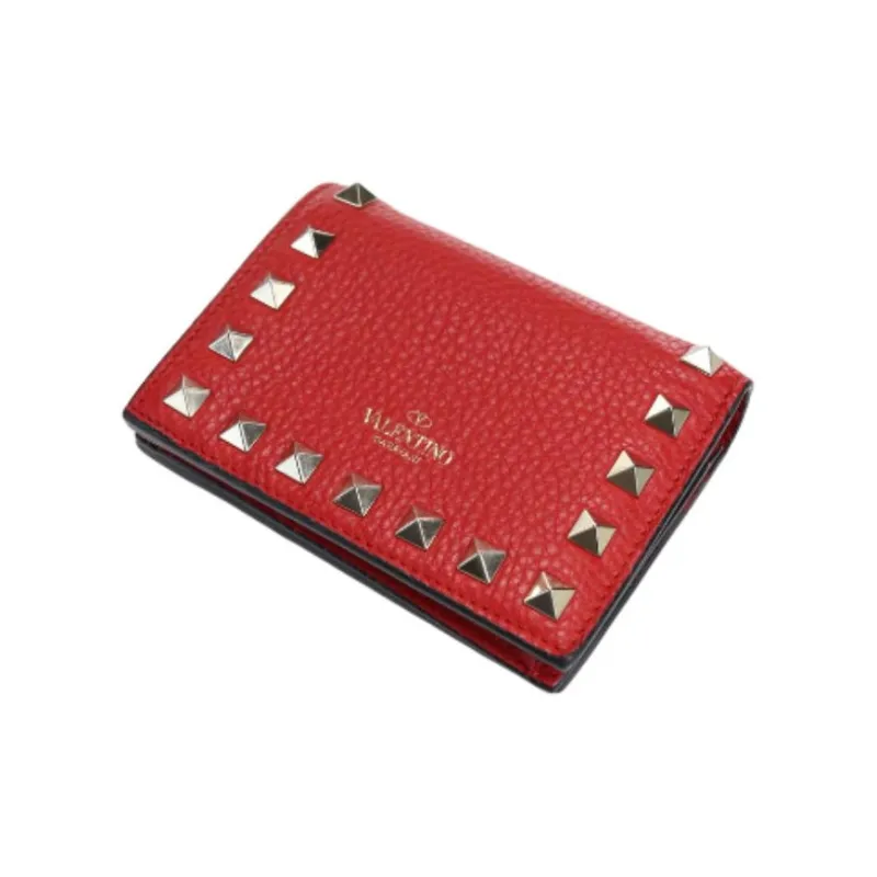 Valentino ROCKSTUD Leather Wallet Small Size Women's Red-1