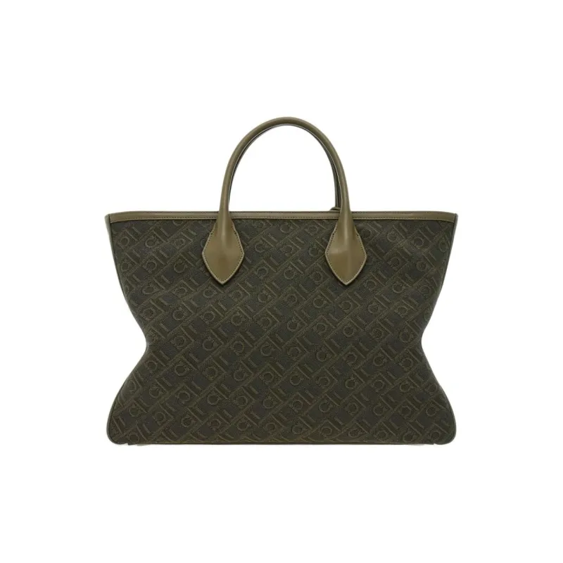 FERRAGAMO Fabric With Calfskin Tote Bag Shopping Bag Handbag Large Size Men's Olive Green-2