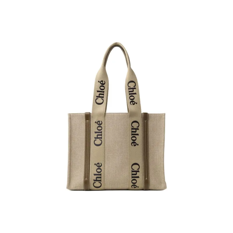 Chloe Woody Linen Tote Bag Shopping Bag Shoulder Bag Handbag Women's Khaki-0