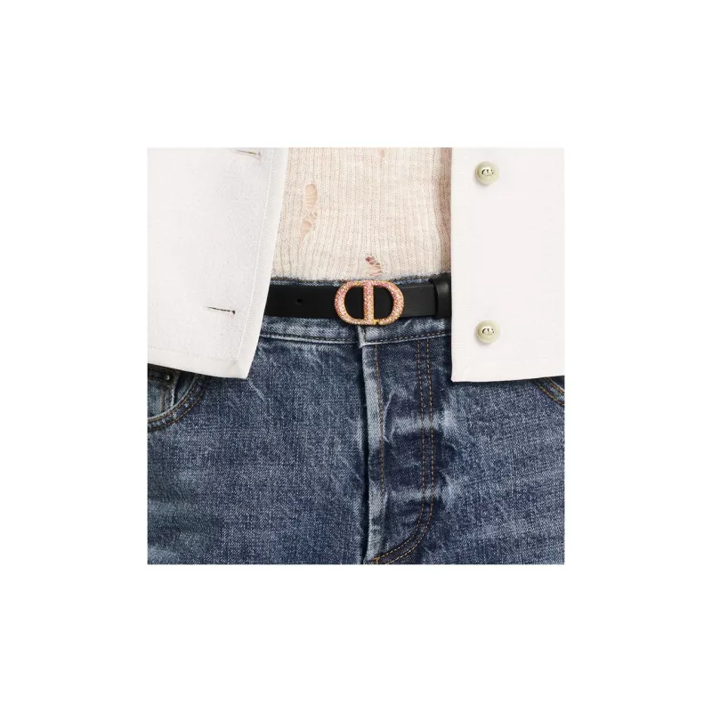 DIOR CD Embellishment Gradient Smooth Buckle Leather Belts Women's Black Width: 2CM-2
