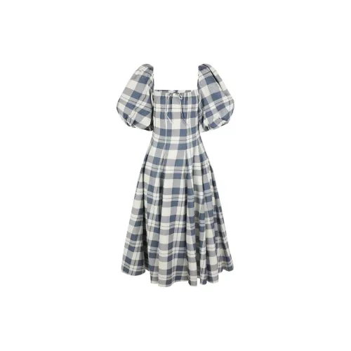 Selkie Short-Sleeved Dresses Women's Navy Blue With White Check Tea Towel Print