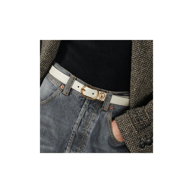 GUCCI Round Interlocking Buckle With Double G Pin Buckle Leather Belts Women's White Width  2.5CM-2