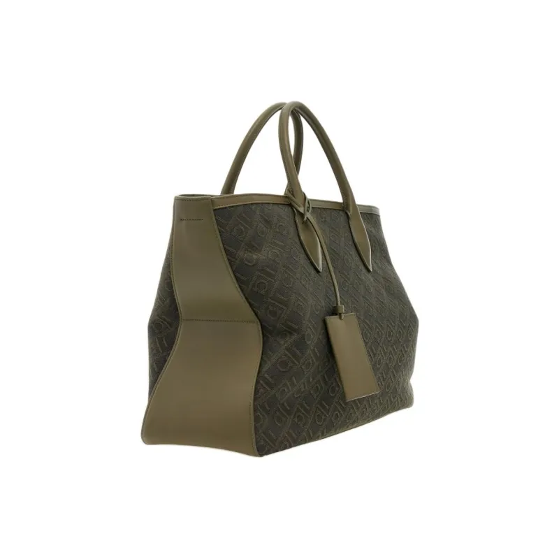 FERRAGAMO Fabric With Calfskin Tote Bag Shopping Bag Handbag Large Size Men's Olive Green-1