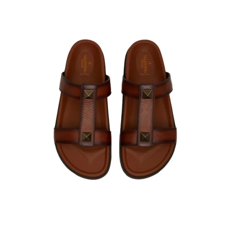Valentino Roman Stud Slide Slippers Men's Brown-3