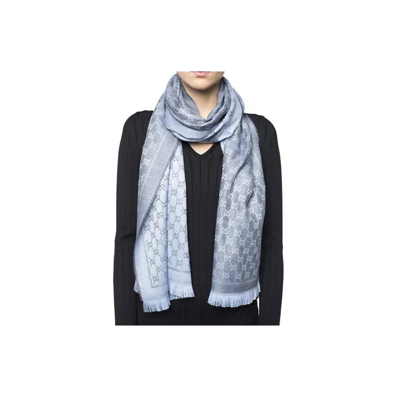 GUCCI Wool Knit Scarves Unisex Light Blue/Light Gray-3