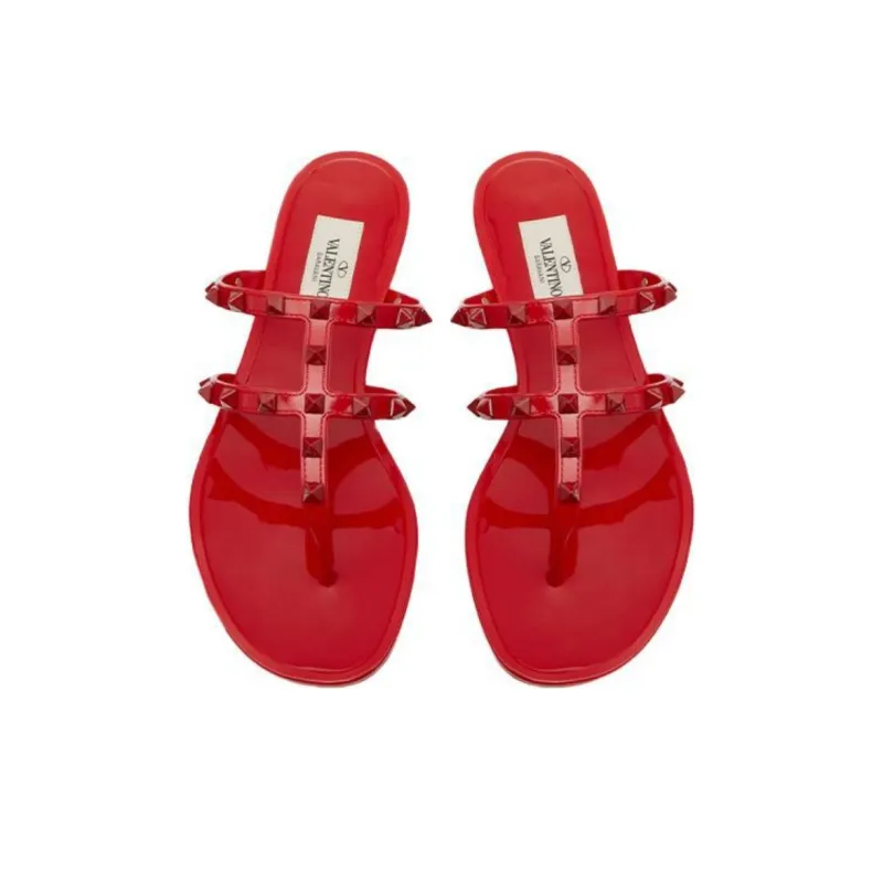Valentino Rockstud Quiet Flip Flops Women's Red-3