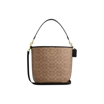 COACH City Signature Canvas Handbag Shoulder Bag Small Size Women's Tan & Black